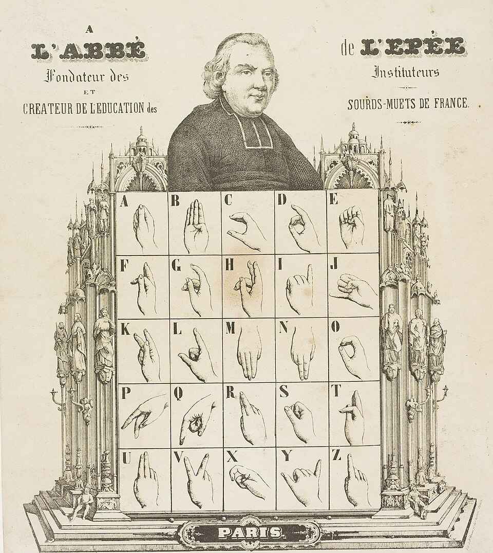 Charles-Michel de l'Épée representado com o alfabeto manual francês (datilologia) de A a Z Retrato do Abade de l'Épée e o alfabeto manual francês de A a Z