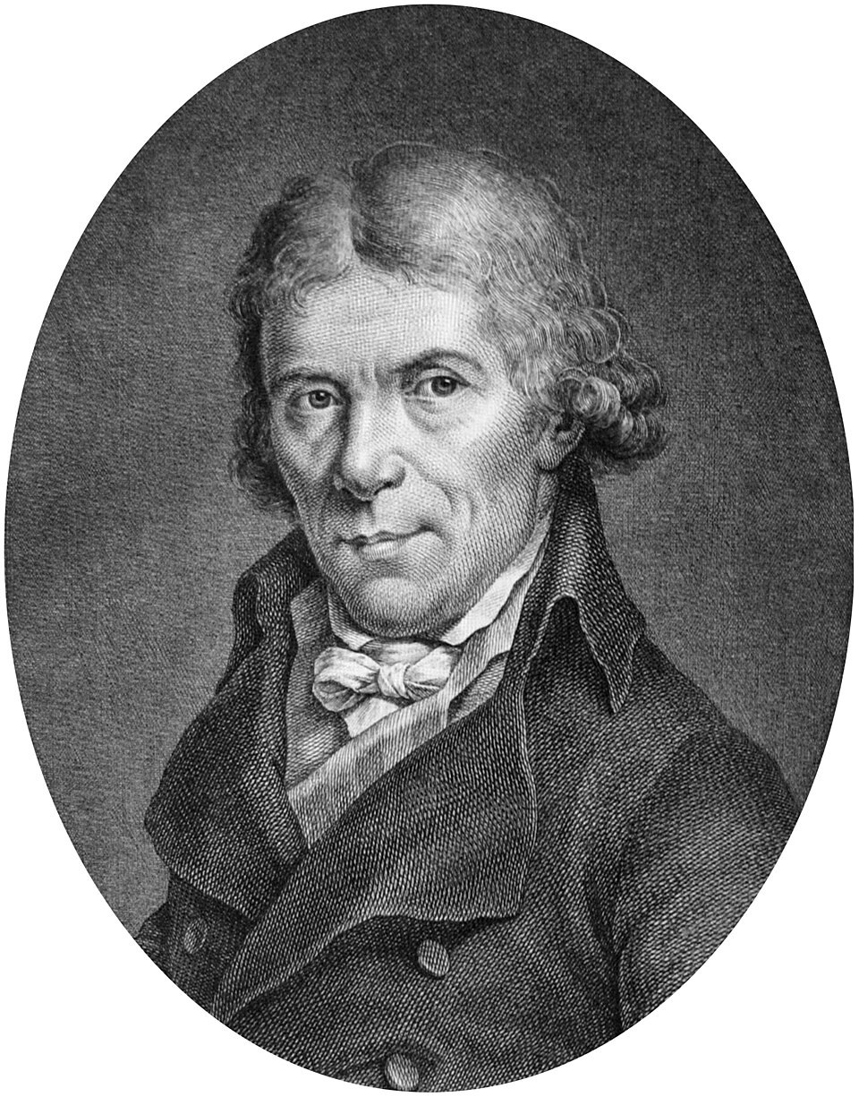 Retrato em gravura de Roch-Ambroise Cucurron Sicard, um homem branco de meia idade com cabelo ondula